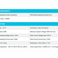 Renogy 50 Watt 12v Solar Panel Specifications