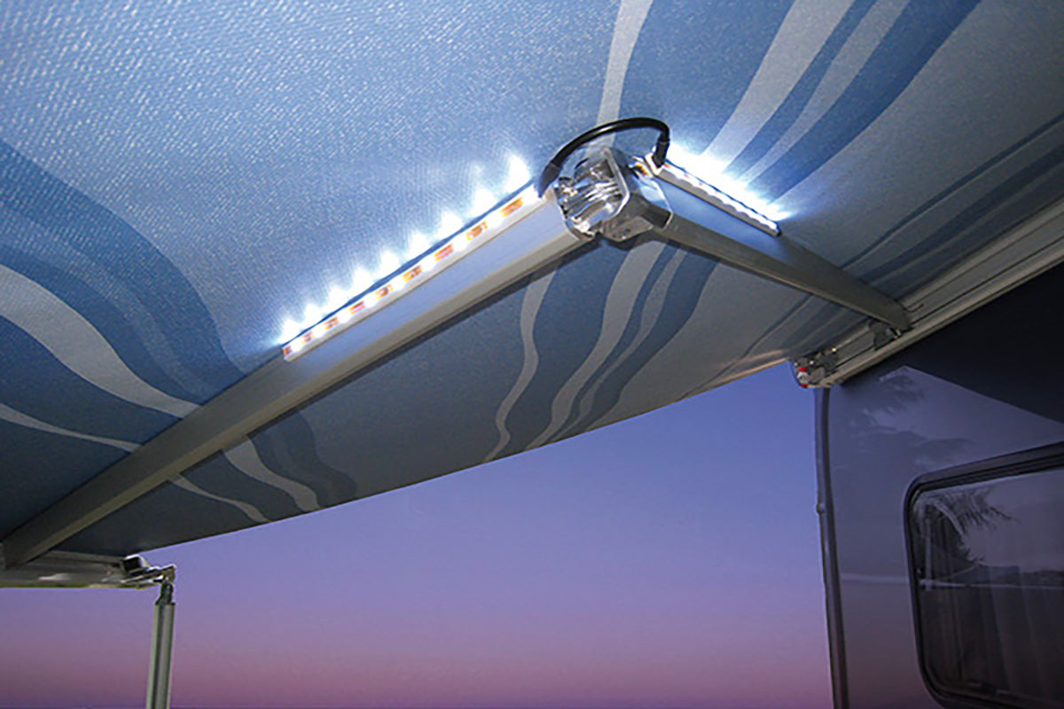 Fiamma rafter LED shown at night on awning