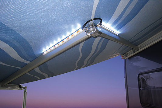 Fiamma rafter LED shown at night on awning